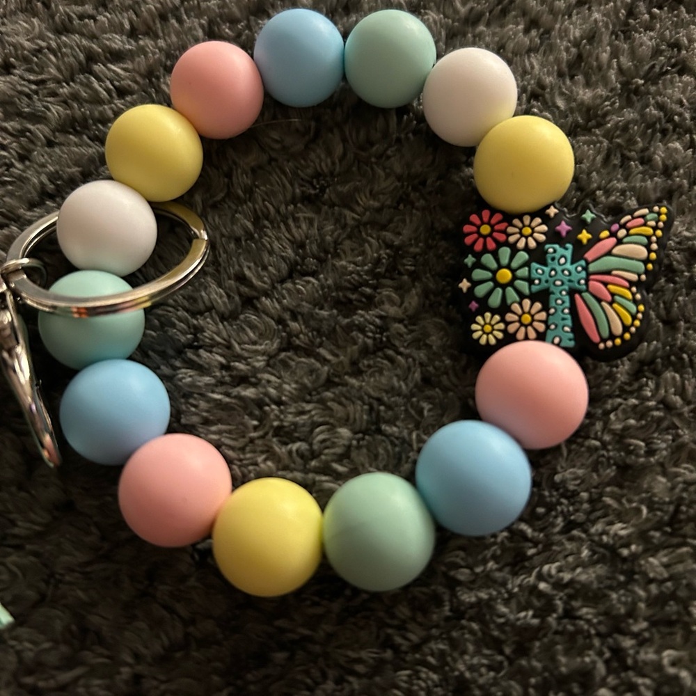 Pastel Beaded Keyring Bracelet with Butterfly Charm